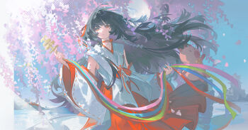1girl absurdres alternate_costume arm_cutout black_hair chisa_(wuthering_waves) clothing_cutout detached_sleeves highres holding japanese_clothes long_hair looking_at_viewer namipon_(wuthering_waves) object_request red_eyes red_skirt skirt solo tacet_mark_(wuthering_waves) very_long_hair wind wuthering_waves yunouou10