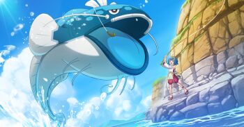 1girl bare_shoulders black_eyes blue_eyes blue_hair blue_sky bright_pupils cloud day detached_sleeves dondozo fish fishing fishing_rod full_body holding holding_fishing_rod lana_(new_year's_2026)_(pokemon) lana_(pokemon) nintendo official_alternate_costume official_art open_mouth outdoors pokemon pokemon_(creature) pokemon_masters_ex sandals second-party_source sky smile water white_pupils