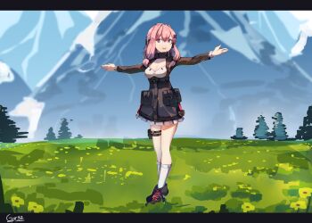 1girl absurdres breasts cleavage commission gar32 girls'_frontline highres k31_(girls'_frontline) letterboxed long_hair medium_breasts outstretched_arms pink_eyes pink_hair reference_work reference_work_request solo