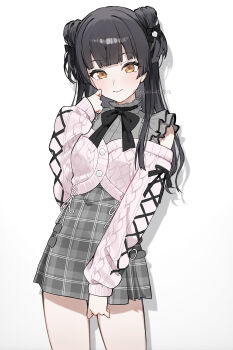 1girl black_hair black_ribbon blunt_bangs cardigan commentary_request double_bun dress drop_shadow grey_dress hair_bun hair_ribbon highres idolmaster idolmaster_shiny_colors long_hair long_sleeves looking_at_viewer mayuzumi_fuyuko off-shoulder_cardigan pink_cardigan plaid_clothes plaid_dress ribbon simple_background solo thighs twitter_username very_long_hair yellow_eyes yumeme_818