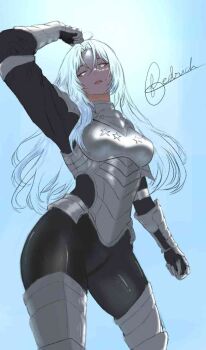 1girl arm_guards armor breastplate commentary contrapposto cowboy_shot curtained_hair english_commentary hand_up highres long_hair looking_at_viewer nephis_(shadow_slave) partially_colored shadow_slave shoulder_armor solo tarnished_0_0