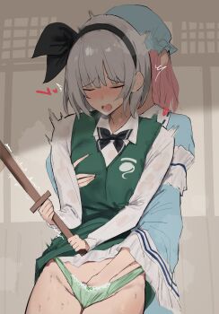 258n 2girls behind_another black_bow black_bowtie black_hairband blue_hat bow bowtie closed_eyes commentary fingering grabbing_another's_breast grabbing_from_behind green_panties groping hairband hat highres holding holding_weapon konpaku_youmu long_hair mob_cap multiple_girls open_mouth panties pink_hair saigyouji_yuyuko shirt short_hair sweat thighs touhou underwear weapon white_shirt yuri
