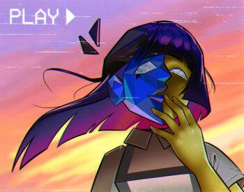 1girl angusburgers blue_skin blunt_bangs colored_skin ena_(ena) ena_(series) ena_(species) ena_(web_series) floating_head low_poly medium_hair multicolored_skin scanlines solo split-color_skin static static_eyes two-tone_skin yellow_skin