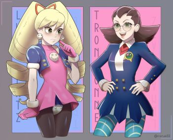 2girls absurdres artist_name blonde_hair blue_dress blue_pantyhose bow brown_hair caruel_art character_name cosplay costume_switch cropped_jacket crotch_plate dress drill_hair earrings glasses gloves green_eyes hair_bow hands_on_own_hips highres jewelry long_hair luna_platz_(mega_man) luna_platz_(mega_man)_(cosplay) mega_man_(series) mega_man_legends_(series) mega_man_star_force_(series) multiple_girls pantyhose pink_gloves red_bow skull_earrings striped_clothes striped_pantyhose tron_bonne_(mega_man) tron_bonne_(mega_man)_(cosplay) twin_drills very_long_hair