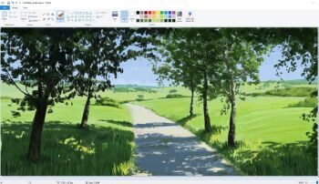 art_program_in_frame christian_young dappled_sunlight day grass green_theme highres hill landscape microsoft_paint_(medium) mountainous_horizon no_humans original outdoors path road scenery sunlight tree