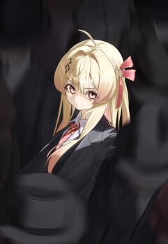 1girl absurdres ahoge black_jacket blonde_hair closed_mouth collared_shirt commentary crowd english_commentary fortissimo hair_intakes hair_ornament hair_ribbon highres hololive hololive_dev_is jacket long_hair looking_at_viewer motion_blur multicolored_hair multiple_others musical_note musical_note_hair_ornament necktie otonose_kanade people pink_ribbon red_eyes red_necktie red_ribbon ribbon selopangji shirt smear_frame solo_focus virtual_youtuber white_shirt