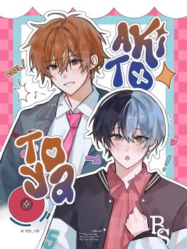 ! 00esu 2boys aoyagi_touya blue_hair blush commentary_request earrings green_eyes grey_eyes hand_on_own_chest heart highres implied_yaoi jewelry male_focus mole mole_under_eye multicolored_hair multiple_boys musical_note necktie open_mouth orange_hair project_sekai shinonome_akito smile split-color_hair teeth watermark