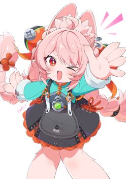 >_o 1girl :d ;d animal_ears body_fur braid commentary_request furry furry_female highres kamuraaa_615 looking_at_viewer one_eye_closed open_mouth pink_fur rabbit_ears rabbit_girl red_eyes simple_background smile solo standing twin_braids white_background zenless_zone_zero zhao_(zenless_zone_zero)