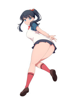 1girl arms_behind_back ass black_hair blue_eyes blue_shirt blue_skirt bow bowtie brown_shoes from_behind gridman_universe hair_ornament highres holding_own_arm long_hair looking_back minato_asuka miniskirt pink_socks ponytail red_bow school_uniform shirt shoes skirt smile socks solo ssss.gridman standing standing_on_one_leg sweater sweater_vest takarada_rikka thick_thighs thighs v white_background white_sweater