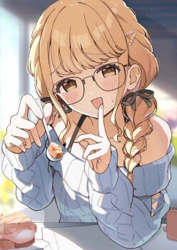 1girl bespectacled black_ribbon blonde_hair blush braid cake cake_slice collarbone commentary_request food fujita_kotone gakuen_idolmaster glasses hair_ribbon highres holding holding_spoon idolmaster jewelry long_hair long_sleeves nyorotono_(amafurashi) open_mouth plate ribbon smile solo spoon sweat twin_braids yellow_eyes