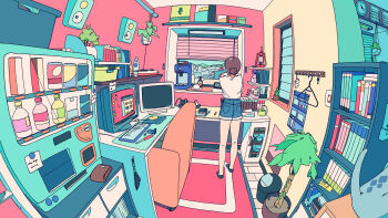 1girl absurdly_detailed_composition akabane_1999 bookshelf bottle brown_hair can cat chair clock coffee_maker commentary_request computer computer_keyboard computer_mouse denim denim_shorts drink_can fisheye grey_cat hair_bun hanging_plant highres indoors juice_box loaded_interior long_sleeves monitor original plant potted_plant scenery shirt shorts slice_of_life socks soda_can solo speaker spray_bottle trash_can tree vending_machine wallet white_shirt window window_blinds