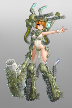 1girl absurdres ammunition_belt bodysuit breasts cannon clothing_cutout commentary_request covered_navel cyborg exhaust_pipe finger_gun full_body gatling_gun gradient_background grey_background highres hip_vent kongtiao_cheng_tai_lang mecha_musume medium_breasts orange_hair original personification prosthesis prosthetic_arm purple_eyes short_hair smile solo very_short_hair white_bodysuit wrist_cuffs