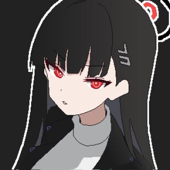 1girl black_background black_hair black_jacket blue_archive bright_pupils hair_ornament halo hashtag-only_commentary highres jacket long_hair looking_at_viewer outline parted_lips pixel_art portrait red_eyes red_halo ringed_eyes rio_(blue_archive) simple_background slmnk10124 solo sweater white_outline white_pupils white_sweater