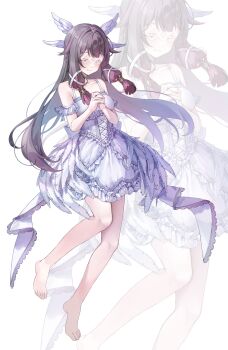 1girl absurdres alternate_costume bare_shoulders barefoot breasts closed_eyes closed_mouth columbina_(genshin_impact) commentary dress eye_mask feet full_body genshin_impact hair_ornament highres long_hair mask medium_breasts multicolored_hair nq_(nnq_q) own_hands_clasped own_hands_together purple_hair streaked_hair toes white_dress wing_hair_ornament zoom_layer