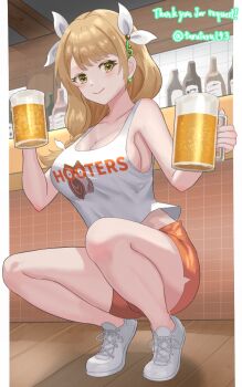 Rule 34 | 1girl, alcohol, alternate costume, bare shoulders, beer, beer mug, blush, braid, breasts, brown eyes, brown hair, cleavage, closed mouth, collarbone, commission, cup, dolphin shorts, employee uniform, fire emblem, fire emblem engage, goldmary (fire emblem), hair ribbon, highres, holding, hooters, indoors, large breasts, long hair, looking at viewer, mug, nintendo, orange shorts, ponytail, ribbon, shoes, short shorts, shorts, side ponytail, sideboob, smile, solo, squatting, tank top, tarutaru193, vgen commission, waitress, white ribbon, white tank top, yellow eyes