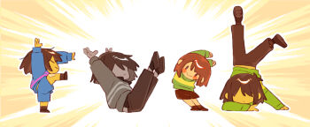 4others arms_up brown_hair brown_pants brown_shoes brown_shorts chara_(undertale) closed_eyes closed_mouth colored_skin commentary deltarune english_commentary faceless frisk_(undertale) gaida kris_(deltarune) letter_pose long_sleeves multiple_others pants shoes shorts simple_background smile solid_oval_eyes striped_clothes striped_sweater sweater undertale utdr_(toby_fox) vessel_(deltarune) yellow_skin