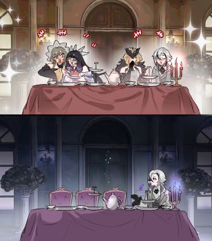>:( 4girls arlecchino_(genshin_impact) bare_shoulders before_and_after black_collar black_eyes black_gloves black_hair black_hands black_mask black_sleeves black_streaks blonde_hair blue_eyes blue_fire blush bonnet bow breasts brown_hair butterfly_mask cake cake_slice candle candlelight candlestand chair closed_eyes closed_mouth coat collar colored_extremities columbina_(genshin_impact) commentary cup detached_collar detached_sleeves door dress elbow_gloves english_commentary eye_mask fingernail_gloves fire fishnet_gloves fishnets flower food fur_trim genshin_impact gloves hair_between_eyes hair_ornament hair_ribbon half_mask hand_on_own_face hand_up head_wings headdress highres holding holding_food holding_plate indoors insect_wings kivartx lace-trimmed_eyepatch large_breasts laughing leaning leaning_forward leaning_on_person long_hair long_sidelocks long_sleeves mask mask_over_one_eye masked moth_wings multicolored_hair multiple_girls multiple_wings one_eye_covered open_mouth pedestal pillar plate purple_hair purple_streaks red_pupils ribbon rose sandrone_(genshin_impact) saucer see-through_clothes see-through_mask short_hair short_hair_with_long_locks sidelocks signora_(genshin_impact) sitting smile sparkle streaked_hair studded_gloves symbol-shaped_pupils table tablecloth tea tea_set teacup teapot tiered_tray tray two-tone_hair upper_body v-shaped_eyebrows very_long_hair wall_lamp white_coat white_dress white_hair white_headdress white_mask white_wings wing_hair_ornament wings x-shaped_eyewear x-shaped_pupils