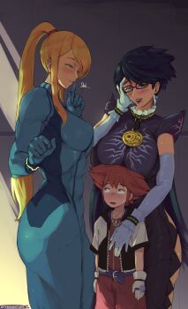 1boy 2girls age_difference assertive_female bayonetta bayonetta_(series) bayonetta_2 breast_rest breasts breasts_on_head bulge cowboy_shot erection erection_under_clothes finger_to_mouth glasses height_difference hetero highres kingdom_hearts kingdom_hearts_i large_breasts mature_female metroid multiple_girls nintendo onee-shota ponytail samus_aran shota shushing sora_(kingdom_hearts) square_enix super_smash_bros. tyrone you_gonna_get_raped zero_suit