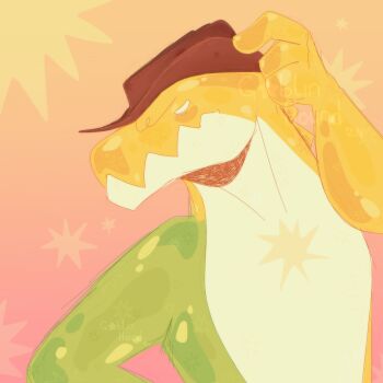 1boy adjusting_clothes adjusting_headwear artist_name brown_hat commentary english_commentary furry goblin_hound gradient_background gummigoo hand_up hat highres lizardman male_focus pink_background solo the_amazing_digital_circus upper_body watermark