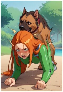 1boy 1girl all_fours animal_ears animal_penis artist_request ass bestiality bodysuit clothed_sex cum cum_in_pussy dog dog_ears dog_tail doggystyle ejaculation green_bodysuit green_eyes highres knotted_penis orange_hair penis sam_(totally_spies) sex sex_from_behind tail totally_spies