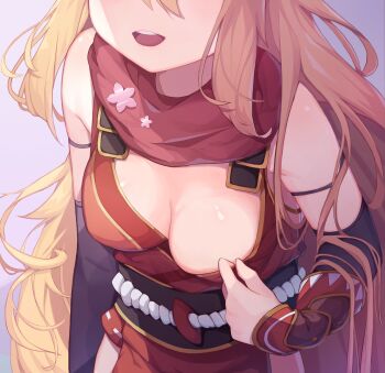 1girl absurdres blonde_hair breasts character_request cleavage female_focus grey_background head_out_of_frame highres isinose_(ilxodidli) long_hair medium_breasts ninon_(oedo)_(princess_connect!) ninon_(princess_connect!) no_bra open_mouth princess_connect! pulling scarf simple_background solo tagme teeth upper_teeth_only very_long_hair