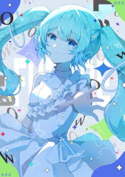 Rule 34 | 1girl, aqua eyes, aqua hair, breasts, commentary request, dress, hair between eyes, hatsune miku, highres, long hair, looking at viewer, medium breasts, namamake, parted lips, power symbol-shaped pupils, reaching, reaching towards viewer, sleeveless, sleeveless dress, solo, symbol-shaped pupils, twintails, very long hair, vocaloid, white dress