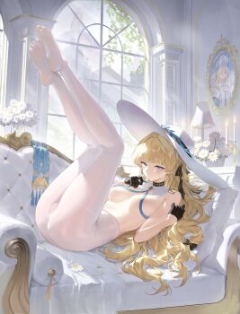 1girl absurdres areola_slip bad_fanbox_id bad_id black_gloves black_ribbon blonde_hair blush breasts cameltoe closed_mouth commentary_request cover_image gloves hair_ribbon haku89 half_gloves hat highres indoors legs_up long_hair looking_at_viewer lying medium_breasts no_panties no_shoes on_back paid_reward_available pantyhose phoebe_(wuthering_waves) purple_eyes ribbon solo topless_female white_hat white_pantyhose window wuthering_waves