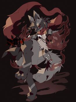 1other aura black_background black_fur blue_fur body_fur bone closed_mouth furry gen_4_pokemon highres looking_at_viewer lucario multicolored_fur nintendo pokemon pokemon_(creature) pokemon_focus red_aura red_eyes red_scarf rushin scarf snout solo spikes tail yellow_fur