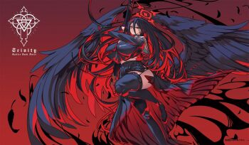 1girl arikanrobo black_choker black_gloves black_hair black_skirt black_thighhighs black_wings blue_archive breasts choker closed_mouth commentary_request crop_top feathered_wings feathers garter_belt gigantic_breasts gloves gun hair_between_eyes hasumi_(blue_archive) highres holding holding_gun holding_weapon long_hair looking_at_viewer mole mole_under_eye multicolored_hair pleated_skirt red_background red_eyes red_hair sailor_collar school_uniform serafuku skirt solo thighhighs trinity_general_school_logo very_long_hair weapon white_sailor_collar wings