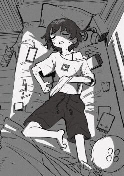 1girl barefoot bed bra_strap charger charging_device cigarette cigarette_pack closed_eyes collarbone feet full_body greyscale handheld_game_console headphones highres indoors lying midriff monochrome navel off_shoulder on_back on_bed original peanut_mouth phone pillow power_strip shirt short_hair short_sleeves shorts sleeping solo sweat window yamaso