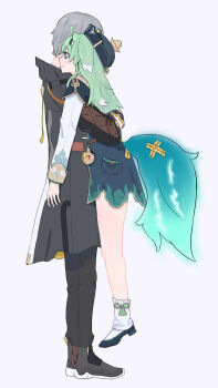 1boy 1girl absurdres animal_ears caelus_(honkai:_star_rail) comforting dangling_arms fox_ears fox_girl green_hair hanging_legs highres honkai:_star_rail honkai_(series) hug huohuo_(honkai:_star_rail) lifting_person size_difference symbol-shaped_pupils tail tail_(honkai:_star_rail) trailblazer_(honkai:_star_rail) verd0la