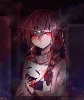 1girl arm_at_side artist_name black_background blood blood_on_hands blood_on_mask blush braid bright_pupils brown_hair closed_mouth commentary crack cracked_glass dark_background english_commentary expressionless glowing glowing_eyes hair_between_eyes hand_up highres holding holding_mask light_frown light_particles likesac long_hair long_sleeves looking_at_viewer low_twin_braids madotsuki mask pink_sweater puffy_long_sleeves puffy_sleeves red_eyes simple_background solo sweater turtleneck turtleneck_sweater twin_braids upper_body white_mask white_pupils yume_nikki