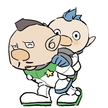 Rule 34 | 2boys, :o, ^ ^, alph (pikmin), badge, big nose, black eyes, blue gloves, blue hair, brown hair, buttons, carrying, charlie (pikmin), closed eyes, commentary request, dark-skinned male, dark skin, expressionless, facial hair, freckles, gloves, green gloves, happy, light blush, looking at viewer, lowres, male focus, mohawk, multiple boys, mustache, nandovo, nintendo, no headwear, open mouth, piggyback, pikmin (series), pointy ears, short hair, simple background, spacesuit, star (symbol), very short hair, walking, white background