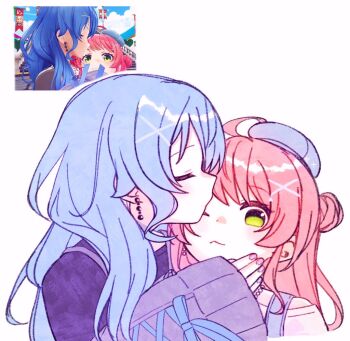 Rule 34 | 2girls, blue hair, blue hat, closed eyes, commentary, earrings, green eyes, hand on another's face, hat, hololive, hoshimachi suisei, jewelry, kiss, kissing forehead, long hair, multiple girls, one eye closed, pink hair, purple nails, reference inset, sakura miko, simple background, untranslatable commentary, virtual youtuber, white background, yumi5469, yuri
