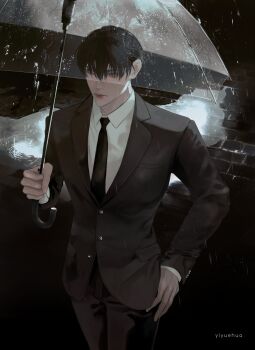 1boy absurdres black_coat black_eyes black_hair black_necktie brick_floor coat collared_shirt hair_between_eyes hand_in_pocket highres holding holding_umbrella kim_dokja male_focus necktie night omniscient_reader&#039;s_viewpoint outdoors puddle rain ripples serious shirt short_hair solo umbrella walking white_shirt yiyuehua