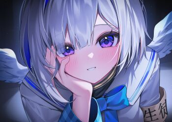 1girl :d amane_kanata amane_kanata_(1st_costume) angel_wings armband blue_hair bob_cut colored_inner_hair commentary feathered_wings grey_hair grey_jacket grin hair_over_one_eye hand_on_own_cheek hand_on_own_face highres hololive jacket long_sleeves looking_at_viewer mini_wings multicolored_hair open_mouth pink_streaks purple_eyes short_hair shuvi_(shuvi1125) sleeve_cuffs smile solo streaked_hair turtleneck virtual_youtuber white_wings wings