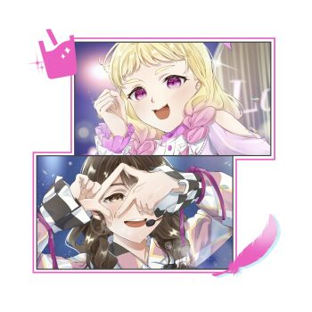 Rule 34 | 2girls, animification, blonde hair, braid, brown eyes, brown hair, buttons, checkered clothes, clenched hand, emori aya, feathers, hand up, headset, highres, let's be one (love live!), long hair, long sleeves, looking at viewer, love live!, love live! superstar!!, mirai no oto ga kikoeru, multiple girls, official alternate costume, onitsuka natsumi, pink eyes, pink feathers, pink hair, real life, ribbon, short bangs, smile, teeth, twin braids, upper teeth only, voice actor, voice actor connection, white ribbon, wotaku jinsei enjoy ikioi