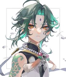 Rule 34 | 1boy, ahoge, aqua hair, arm tattoo, artist name, commentary request, diamond-shaped pupils, diamond (shape), eyeshadow, facial mark, forehead mark, genshin impact, gold trim, green hair, hair between eyes, highres, jewelry, looking at viewer, makeup, male focus, multicolored hair, necklace, pearl necklace, red eyeshadow, shiraishi (siraisi00), shirt, short hair, simple background, single bare shoulder, sleeveless, sleeveless shirt, solo, standing, symbol-shaped pupils, tassel, tattoo, teeth, two-tone hair, white background, white shirt, xiao (genshin impact), yellow eyes