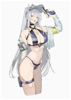 Rule 34 | 1girl, :o, absurdres, bikini, blue bikini, blue hair, breasts, commentary request, cross, cross earrings, earrings, facial mark, flower, girls' frontline, girls' frontline 2: exilium, green eyes, gun, handgun, highres, hk416 (girls' frontline), holding, holding gun, holding weapon, jacket, jewelry, klukai (cerulean breaker) (girls' frontline 2), klukai (girls' frontline 2), large breasts, long hair, long sleeves, navel, official alternate costume, open mouth, pink flower, ponytail, ribs, see-through clothes, see-through jacket, simple background, solo, sutekina awa, swimsuit, tattoo, teardrop, teardrop tattoo, weapon, white background