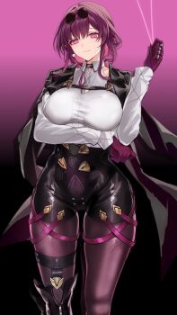 Rule 34 | 1girl, arm under breasts, black jacket, breasts, chest harness, collared shirt, commentary request, criss-cross straps, drill hair, drill ponytail, earrings, eyewear on head, gloves, hair between eyes, hand up, harness, high-waist shorts, highres, honkai: star rail, honkai (series), jacket, jacket on shoulders, jewelry, kafka (honkai: star rail), large breasts, long hair, long sleeves, looking at viewer, multiple girls, pantyhose, pearl earrings, purple eyes, purple gloves, purple hair, purple pantyhose, round eyewear, saint laurent paris, shirt, shorts, simple background, smile, solo, sunglasses, thighs, white shirt
