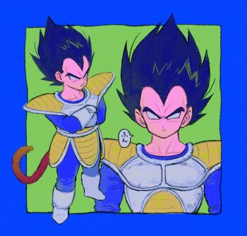 1boy armor black_hair blue_border boots border brown_tail chimachimadb dragon_ball dragonball_z full_body gloves green_background male_focus medium_hair monkey_tail multiple_views saiyan_armor simple_background spiked_hair tail upper_body vegeta white_armor white_boots white_gloves