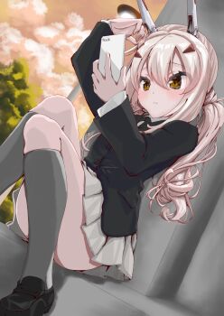Rule 34 | 1girl, alternate costume, ayanami (azur lane), azur lane, black jacket, blazer, blonde hair, blush, expressionless, hair between eyes, hair ornament, hairclip, hands up, headgear, highres, holding, holding phone, jacket, kneehighs, knees together feet apart, knees up, long hair, long sleeves, miniskirt, on ground, outdoors, phone, pleated skirt, sawada takiguchi, school uniform, shirt, sitting, skirt, socks, solo, sunset, twintails, very long hair, white shirt, white skirt, yellow eyes