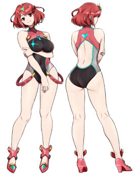 1girl arm_under_breasts back black_one-piece_swimsuit blue_gemstone bob_cut breasts chest_jewel commentary_request core_crystal_(xenoblade) gem headpiece high_heels highres large_breasts multiple_views no_socks one-piece_swimsuit pinstripe_one-piece_swimsuit pyra_(pro_swimmer)_(xenoblade) pyra_(xenoblade) red_eyes red_hair red_one-piece_swimsuit red_shoes ribbed_swimsuit shoes simple_background strapless strapless_one-piece_swimsuit striped_clothes striped_one-piece_swimsuit swept_bangs swimsuit thick_thighs thighs tiara two-tone_swimsuit vertical-striped_clothes vertical-striped_one-piece_swimsuit xenoblade_chronicles_(series) xenoblade_chronicles_2 yamushinhan
