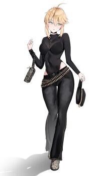 1girl absurdres ahoge alternate_breast_size_(larger) artoria_pendragon_(fate) bag bandolier belt black_leotard black_pants blonde_hair blush braid braided_bun breasts choker commentary covered_navel english_commentary fate/grand_order fate/stay_night fate_(series) full_body green_eyes hair_bun handbag highleg highleg_leotard highres jewelry leotard leotard_under_clothes long_sleeves looking_at_viewer looking_down looking_to_the_side medium_breasts necklace pants saber_(fate) salsa_dance simple_background sleeved_leotard solo standing thigh_gap type-moon walking white_background