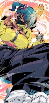 1girl absurdres aqua_nails bandeau black_hair black_mask black_pants blue_eyes blue_hair breasts canari_(pokemon) cleavage commentary_request dark-skinned_female dark_skin fingernails gen_4_pokemon grey_hair highres holding holding_poke_ball kinakomochi_(user_vedc2333) large_breasts looking_at_viewer mask midriff mouth_mask multicolored_hair multicolored_nails nail_polish navel nintendo pants poke_ball pokemon pokemon_legends:_z-a rotom rotom_phone shoes solo twintails two-tone_pants white_shoes yellow_bandeau yellow_mask yellow_nails