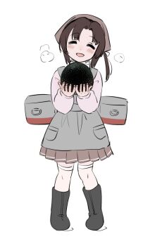 1girl apron ball bandana black_boots black_hair boots brown_skirt commentary_request facing_viewer full_body grey_apron kantai_collection low_ponytail machinery nankai_(kancolle) pleated_skirt ponytail simple_background skirt smile solo tamu_(mad_works) thighhighs white_background white_thighhighs