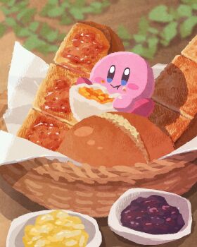 Rule 34 | blue eyes, blueberry, blush stickers, bread, bread bowl, closed mouth, commentary, crumbs, eating, egg, food, fruit, highres, kirby, kirby (series), miclot, nintendo, no humans, solo, symbol-only commentary