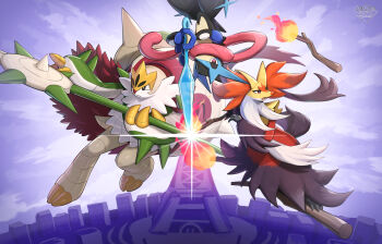 animal_ear_fluff animal_ears axe black_fur broom broom_riding cape chesnaught claws closed_mouth colored_skin commentary_request cover delphox fire fire_emblem fire_emblem:_three_houses floating floating_object forehead_protector fox fox_ears frog fur_cape furry gen_6_pokemon gonzarez green_skin greninja highres holding holding_axe holding_shuriken holding_weapon long_tongue lumiose_city mega_chesnaught mega_delphox mega_greninja mega_pokemon multicolored_fur multicolored_skin ninja nintendo open_mouth parody pink_eyes pokemon pokemon_(creature) pokemon_focus prism_tower red_eyes red_fur red_nose scarf shuriken snout spikes tail tongue tongue_scarf two-tone_skin upside-down very_long_tongue video_game_cover water weapon white_beard white_fur white_skin yellow_claws yellow_fur