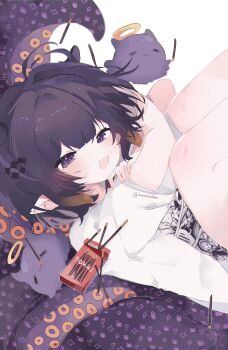 1girl alternate_hairstyle artist_name ben-day_dots blunt_bangs center-flap_bangs commentary crew_neck fang fingernails floating floating_hair floating_object food gradient_hair hair_ornament hairclip halo hands_on_own_arms highres hololive hololive_english hugging_own_legs imaichichan instagram_username light_blush looking_at_viewer mole mole_under_eye multicolored_hair ninomae_ina&#039;nis ninomae_ina&#039;nis_(loungewear) no_nose official_alternate_costume open_mouth orange_hair pocky pocky_day pointy_ears print_shirt purple_eyes purple_hair screentones shirt short_hair short_sleeves skin_fang solo takodachi_(ninomae_ina&#039;nis) tentacle_hair tentacles traditional_halo twitter_username virtual_youtuber white_background white_shirt