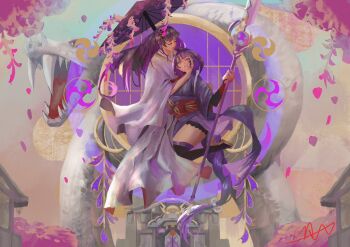 2girls abstract_background alternate_costume architecture artist_name black_thighhighs blunt_bangs braid bridal_gauntlets chocorivarts commentary east_asian_architecture electro_symbol_(genshin_impact) english_commentary engulfing_lightning_(genshin_impact) fangs floating friends from_side genshin_impact hair_ribbon head_on_chest head_tilt highres holding holding_polearm holding_umbrella holding_weapon japanese_clothes kimono leaning_on_person leaning_to_the_side lingerie long_braid long_hair long_sleeves looking_at_viewer makoto_(genshin_impact) mitsudomoe_(shape) monster_boy multiple_girls oil-paper_umbrella open_mouth orobashi_(genshin_impact) polearm purple_kimono purple_ribbon raiden_shogun red_sash ribbon sash shade siblings signature single_braid sisters snake tan thighhighs thighs tomoe_(symbol) tree umbrella underwear weapon wide_sleeves